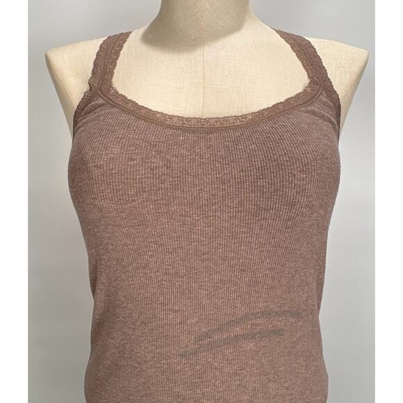 American Eagle Y2K Coquette Cami Tank MEDIUM Beige Brown Lace Back Babydoll Top - Picture 2 of 8